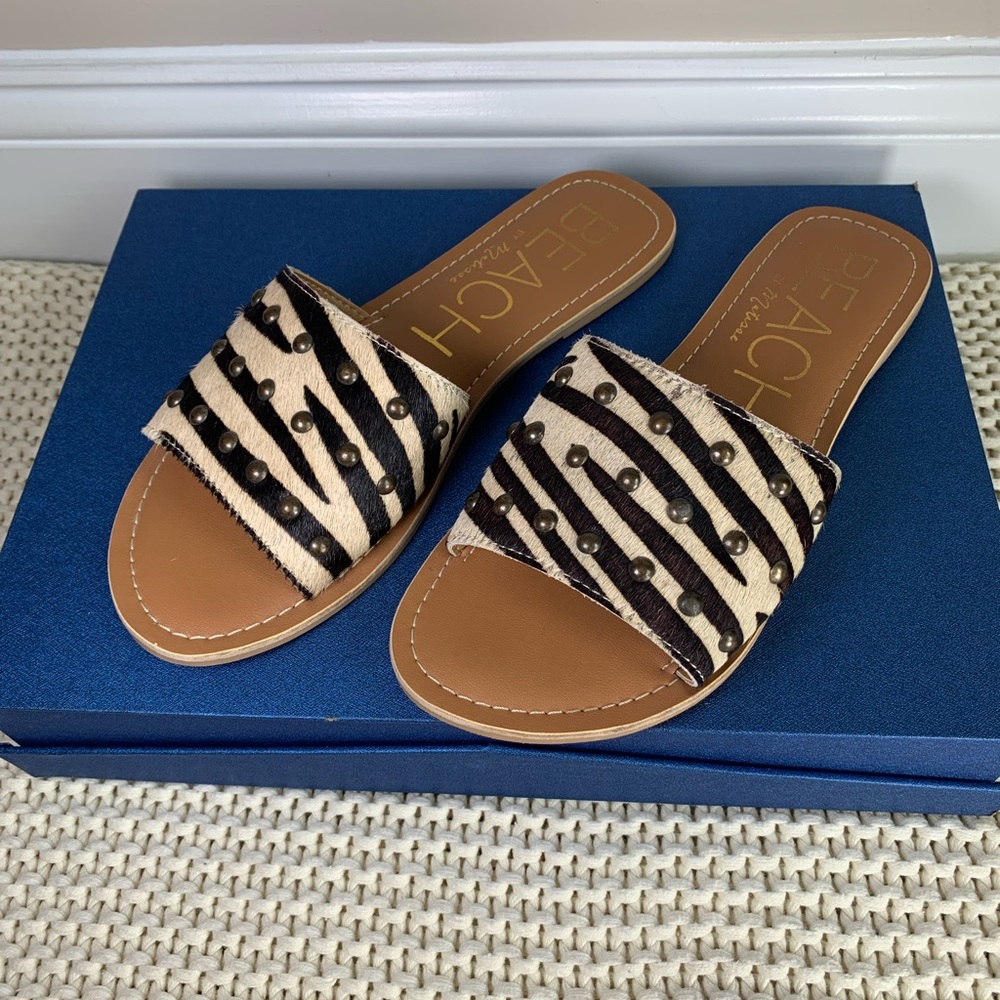 Women's Zebra Print Slide Sandals - Black and Tan